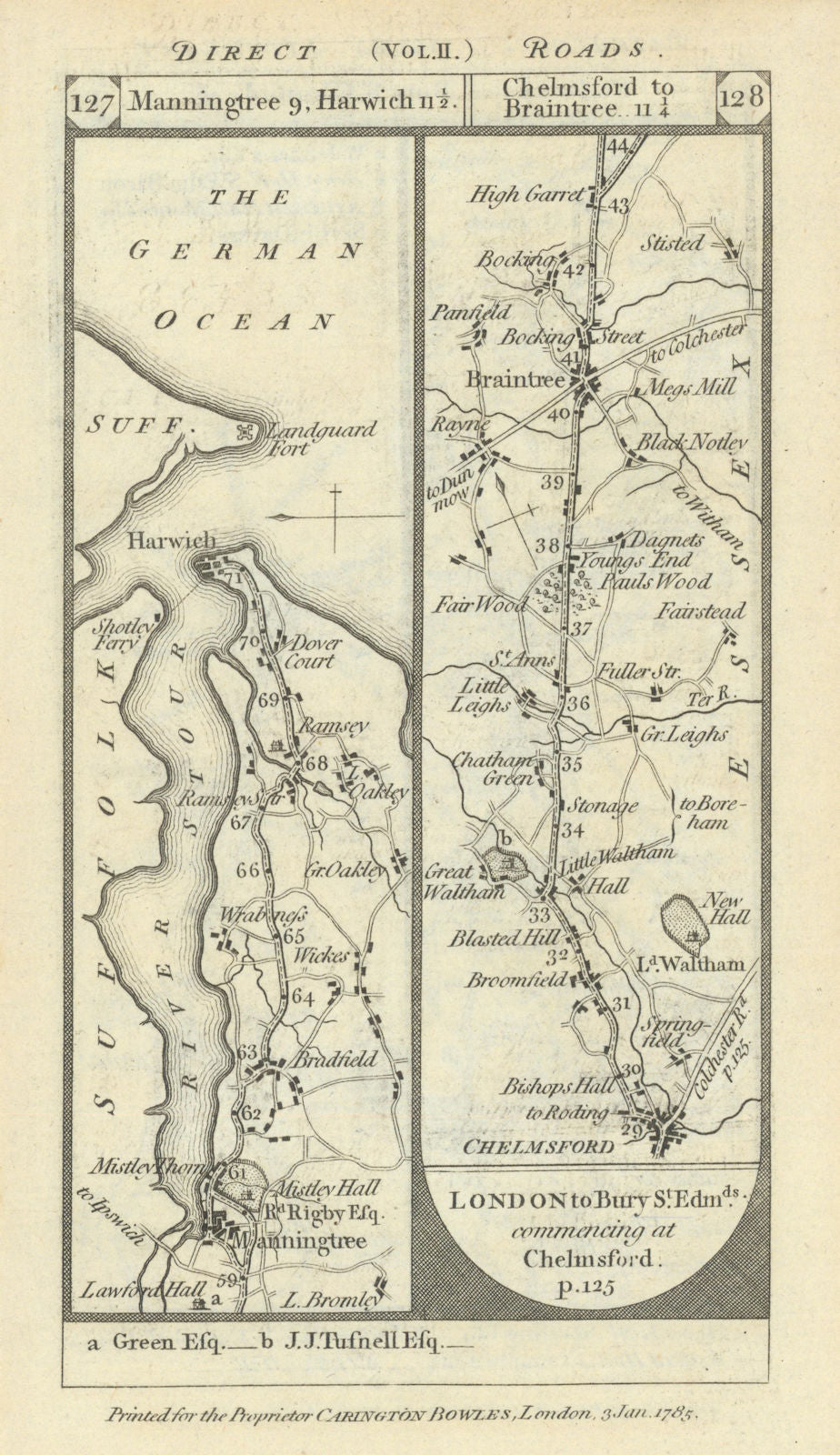 Manningtree - Harwich. Chelmsford - Braintree road strip map PATERSON 1785